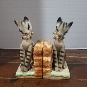 HTF Vintage 1950's 8" Ceramic Bookends Pair Eyelash Cat Japan Adorable Rare READ